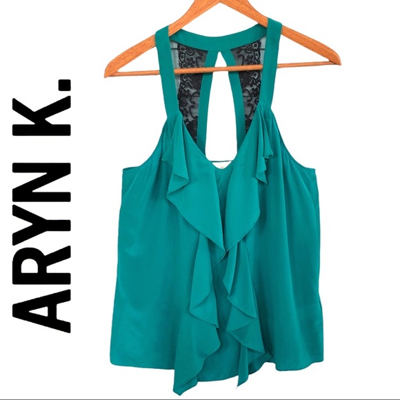 Aryn K 100% Silk Halter Tank with Waterfall Ruffles & Lace Back Medium - Picture 2 of 11